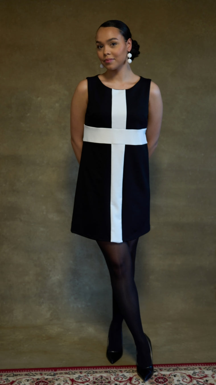 mod black and white dress Vintage 1960s Checkered Color Block Shift Tunic Dress Black&White